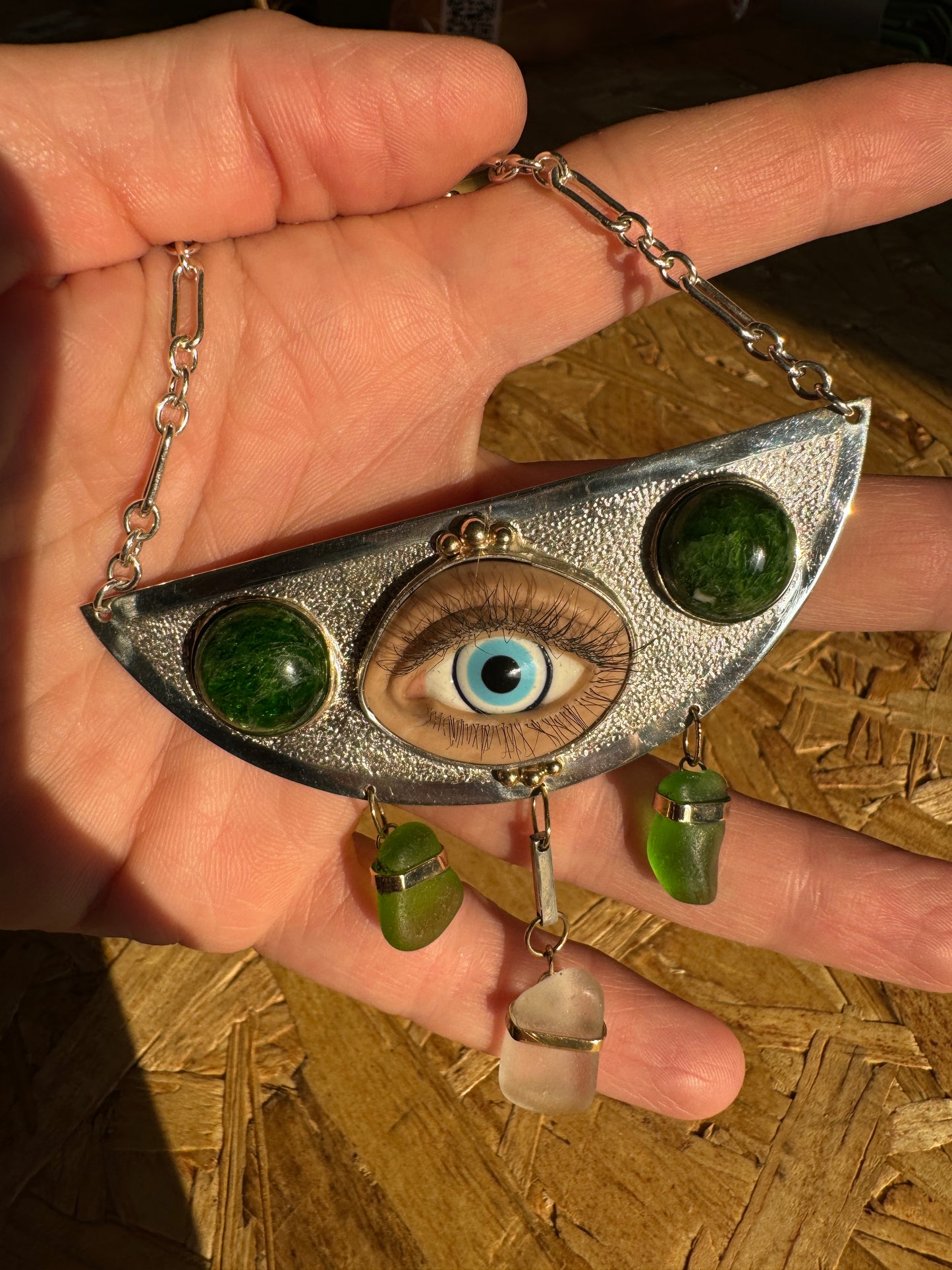 "Sentinal" Sterling Silver & 14k Yellow Gold Neck Piece with Chrome Diopside, Sea Glass, & A Glass & Polymer Clay Eye Center on 14" of Sterling Silver Long & Short Chain Totaling 18"