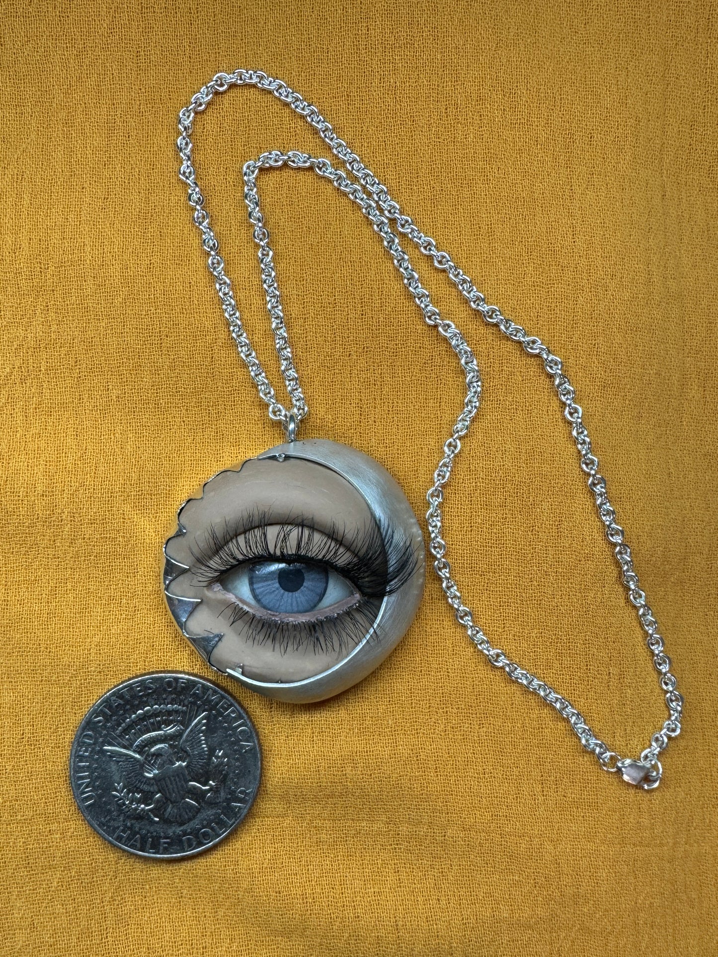 "Looking Up" Sterling Silver, Polymer Clay and Prosthetic Eye Pendant on 16" Sterling Silver Chain