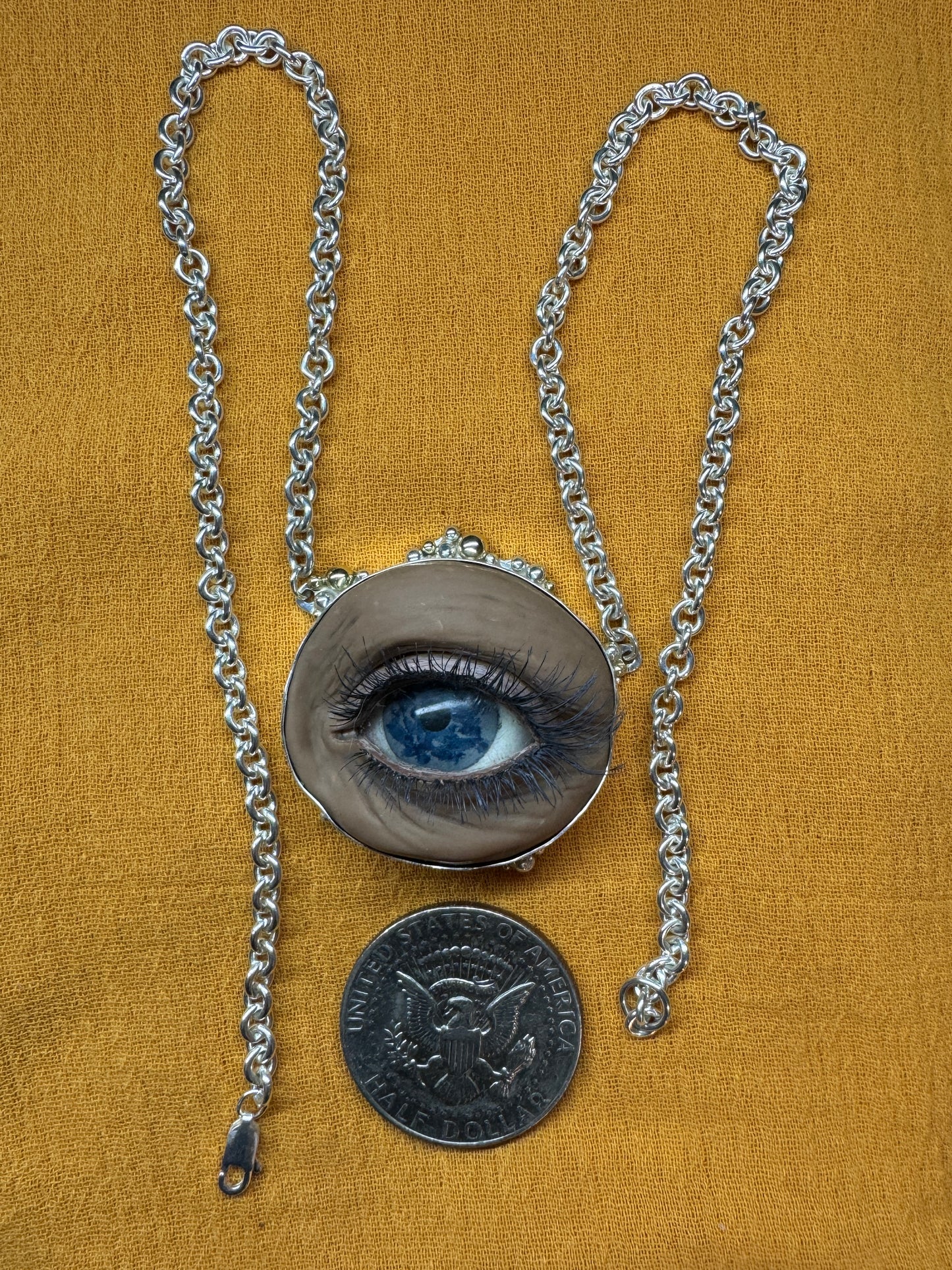 "Wise Eye" Sterling Silver, 14k yellow Gold, Polymer Clay and Prosthetic Eye Necklace with an 18" Sterling Silver Chain