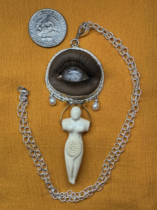 "Divine Sight" Sterling Silver, 14k Yellow Gold, Polymer Clay and Prosthetic Eye Pendant on 24" Sterling Silver Chain