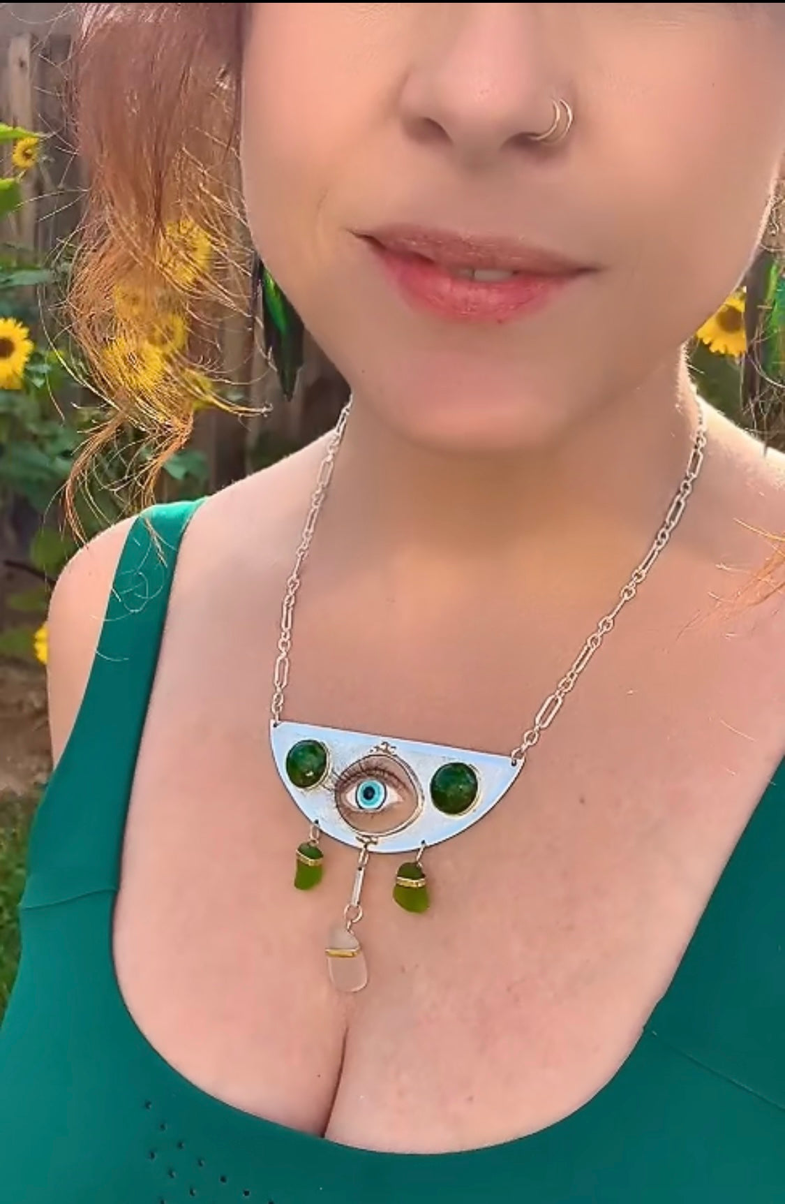 "Sentinal" Sterling Silver & 14k Yellow Gold Neck Piece with Chrome Diopside, Sea Glass, & A Glass & Polymer Clay Eye Center on 14" of Sterling Silver Long & Short Chain Totaling 18"