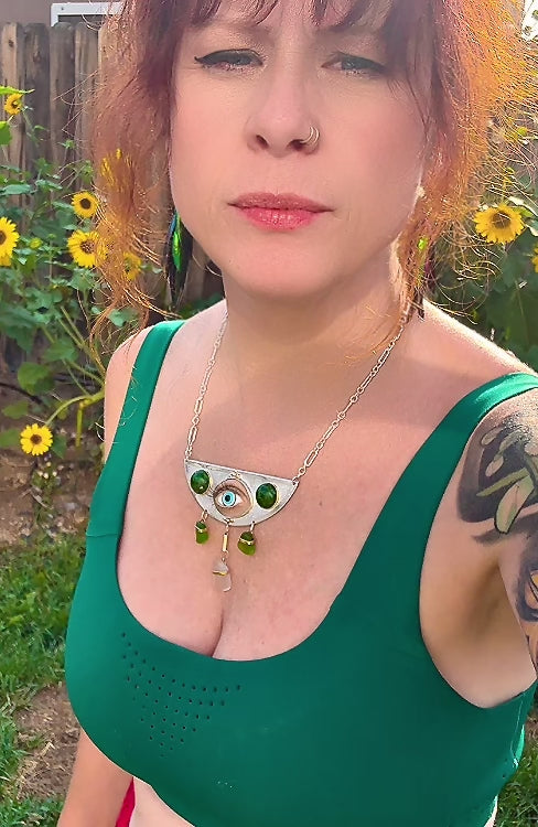 "Sentinal" Sterling Silver & 14k Yellow Gold Neck Piece with Chrome Diopside, Sea Glass, & A Glass & Polymer Clay Eye Center on 14" of Sterling Silver Long & Short Chain Totaling 18"